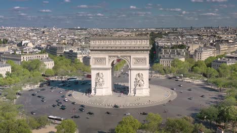 sunny day paris city flight over famous traffic circle triumph arch square aerial panorama 4k france