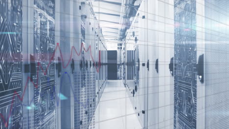 animation of statistics and data processing over tech room with computer servers