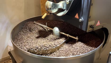 aromatic specialty coffee beans resting on cooling and mixing tray to reduce the heat evenly after roasting, spinning in regular speed, production warehouse factory shot of food and beverage industry