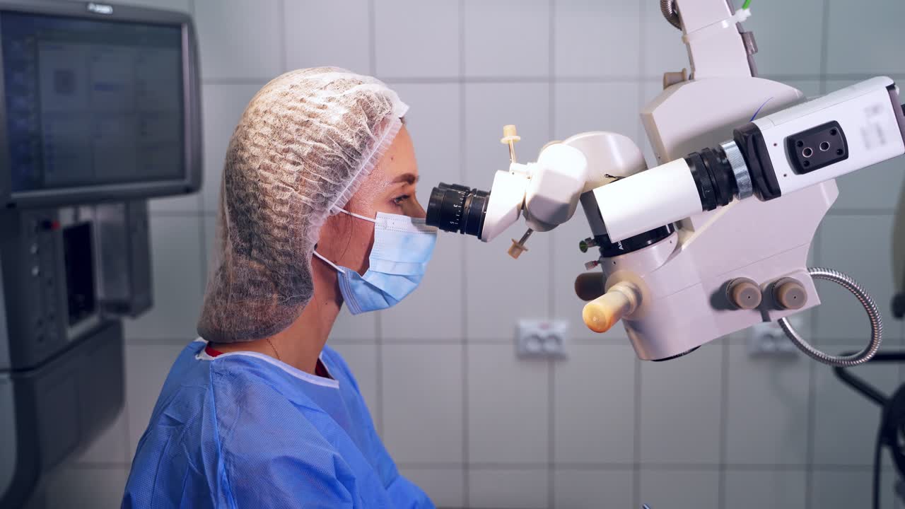 Doctor at ophthalmology surgery. Surgeon oculist is performing surgeon treatment of correcting vision