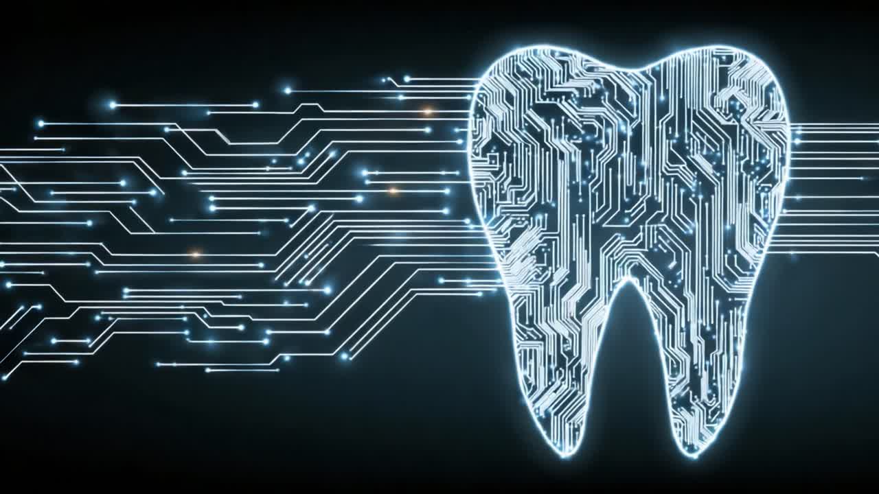 Uma representação futurista de um dente integrado com circuitos digitais, significando a intersecção da saúde dental e da tecnologia avançada na odontologia moderna.