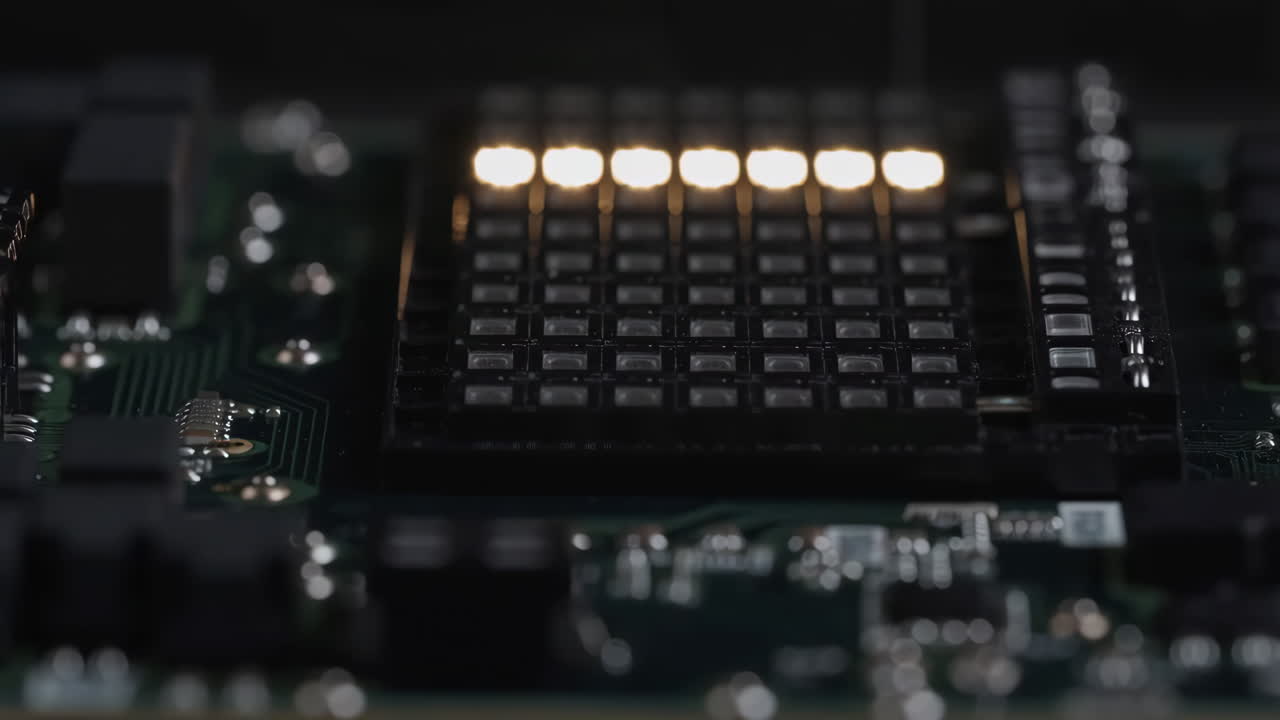 Close-up of a circuit board with a lit LED display