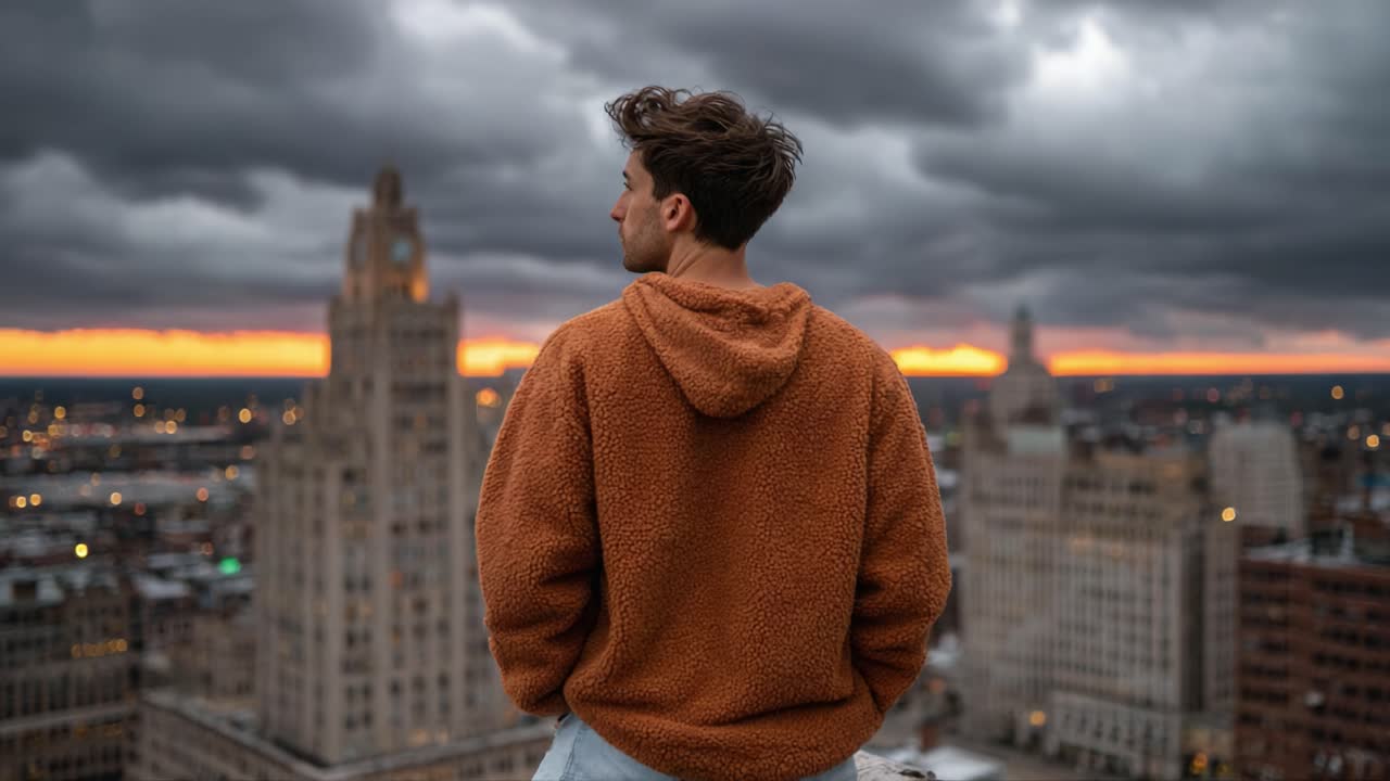 A contemplative individual gazes into a vibrant sunset from a rooftop, framed by a dramatic sky and city skyline, capturing a moment of introspection and beauty