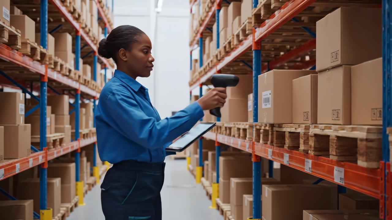 Woman working in a warehouse scanning boxes