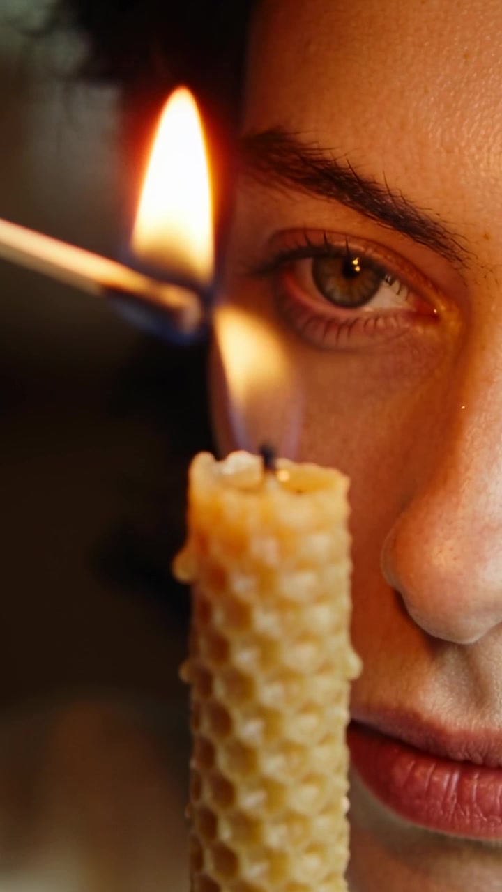 Vertical video: Bringing lit match, man touching beeswax wick in dim room, trying to light candle