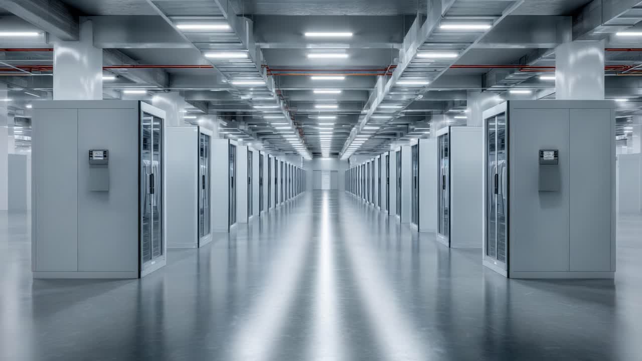A Modern Data Center: An Aesthetic View Showcasing Rows of Server Racks in a Well-Lit, High-Tech Environment, Reflecting Efficiency and Scalability in Technology