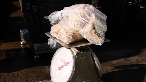 mariscos congelados en la balanza de pesado en el mercado