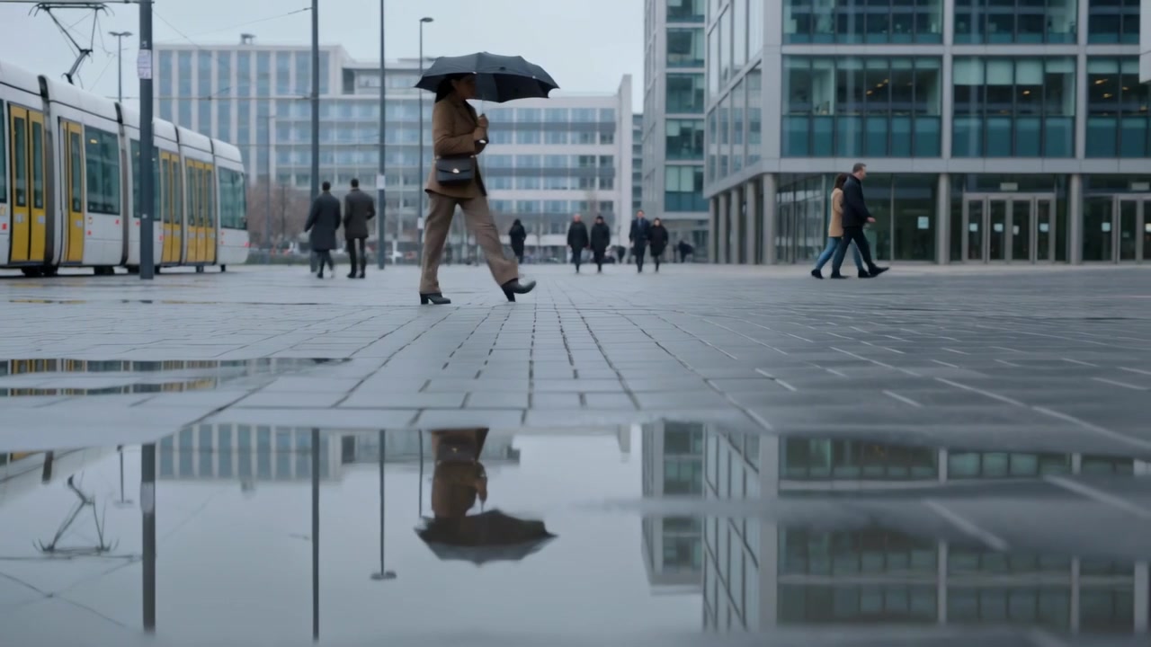 Walking woman with black umbrella in tan coat crossing plaza to office, light rain making puddles