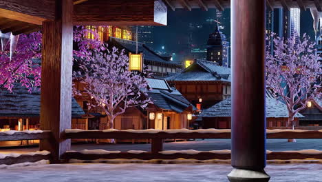 snowy winter night in a japanese village