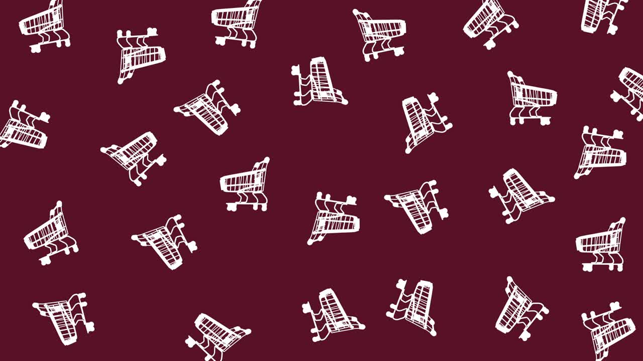 animación de bucle sin costuras con muchos carros de compras vacíos de color blanco que se mueven contra el fondo borgoña, copia el espacio