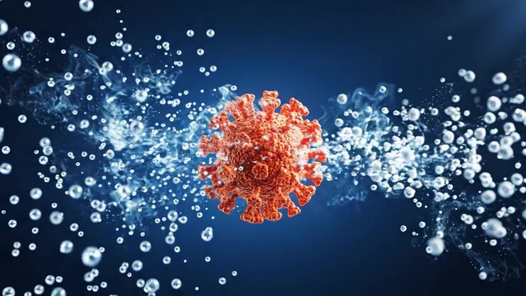 Visualizzazione dettagliata di una struttura virale microscopica con particelle d'acqua, che mostra le sue caratteristiche superficiali e le dinamiche di movimento nella ricerca scientifica.