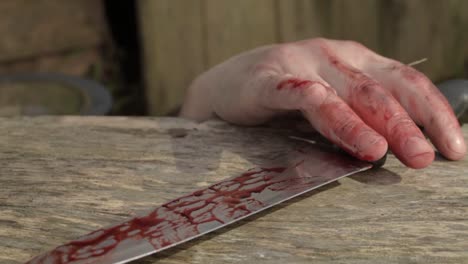 blood stained hand reaches for  blood stained knife