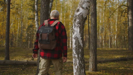 El-Recolector-De-Setas-Camina-Solo-En-El-Bosque-Llevando-Una-Mochila.-Un-Hombre-De-Mediana-Edad-Está-Vestido-Con-Una-Camisa-Roja-A-Cuadros.