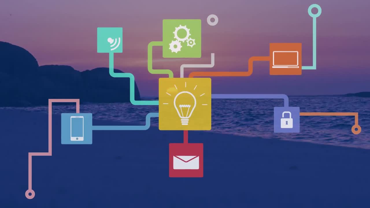 해가 지는 바다 풍경 위의 기술 아이콘의 애니메이션