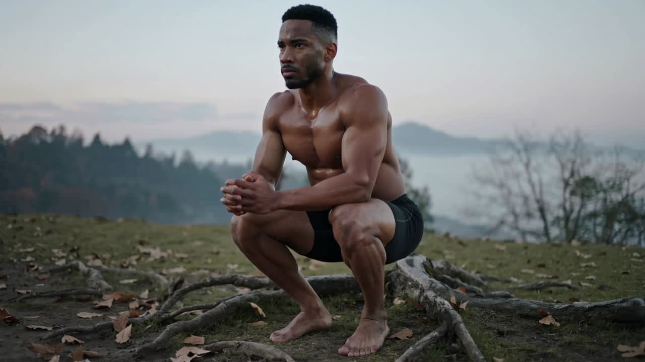 Respirazione, atleta in profondo squat su una collinetta in equilibrio su radici scoperte, che indossa pantaloncini neri