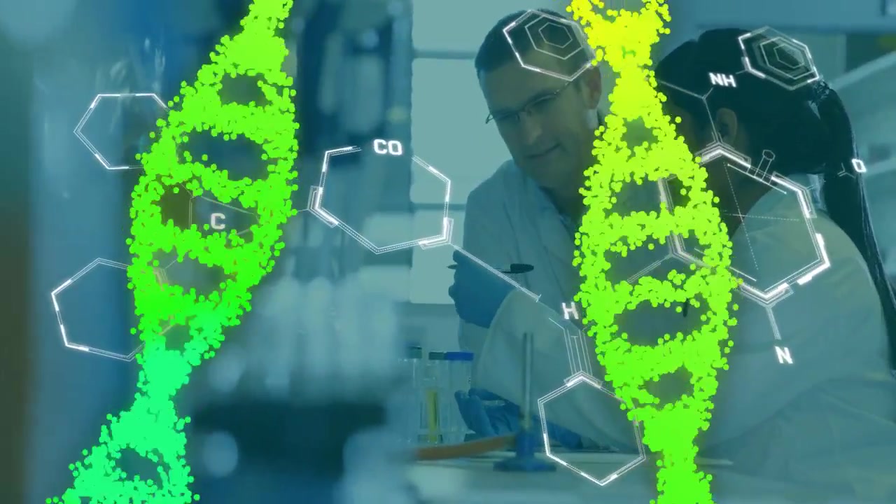 Man leaning and woman pipetting at lab bench, green particles forming DNA helices annotating sample