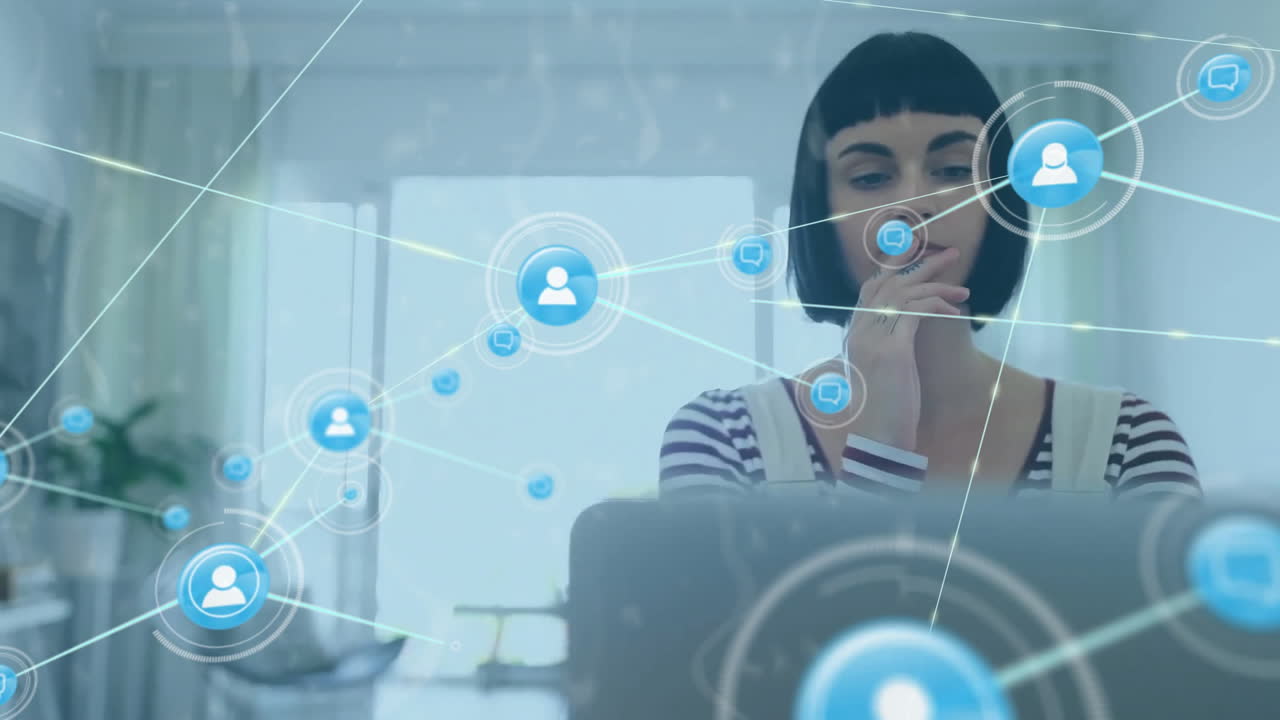 animación de iconos conectados sobre una mujer caucásica pensativa analizando informes en una computadora portátil