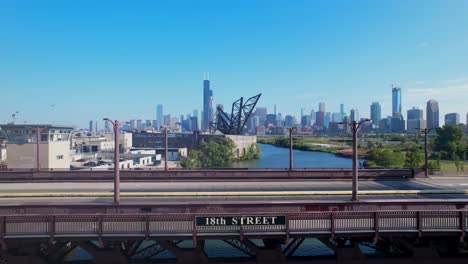 close up of chicago 18th street bridge reveling downtown skyline