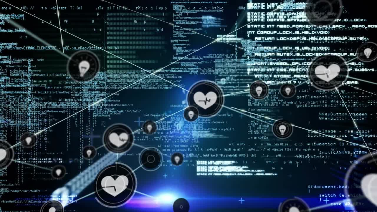 animación de la red de conexión con iconos sobre fondo negro con procesamiento de datos