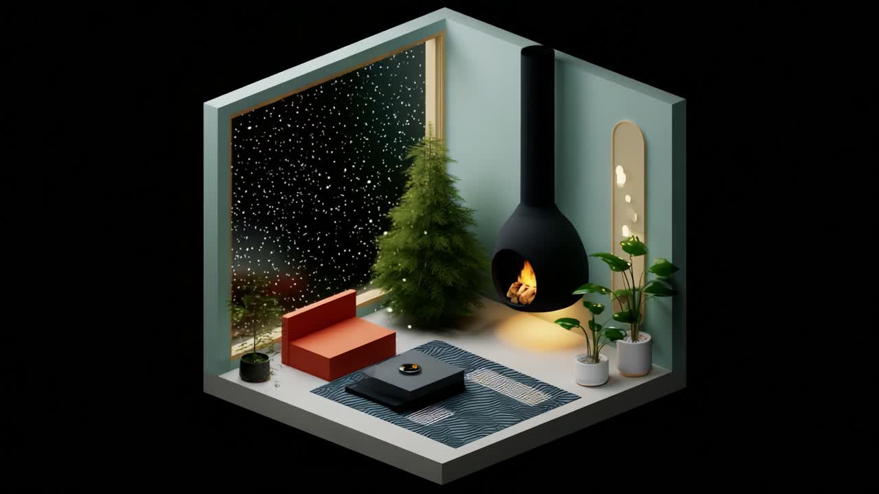 A Cozy Winter Scene Featuring a Warm Fireplace and Festive Decor in a Stylish Interior with a Beautiful Christmas Tree, Inviting Furniture, and a Captivating Snowy View Outside the Window