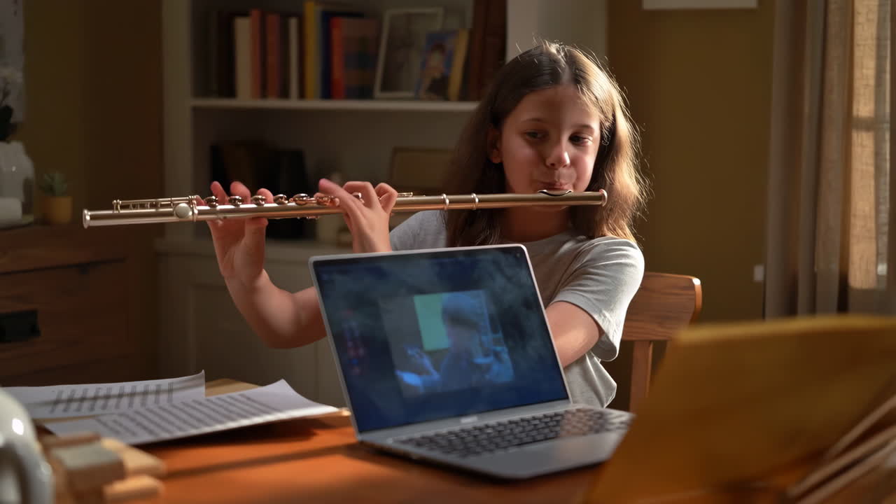 Young Girl Playing Flute During Online Music Lesson at Home