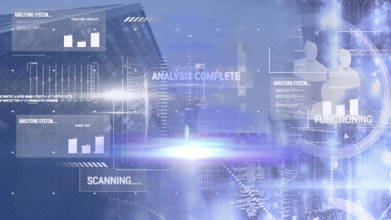 interfaz digital con procesamiento de datos contra edificios altos en el fondo