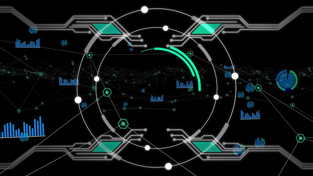Digital animation of scope scanning over network of digital icons against black background