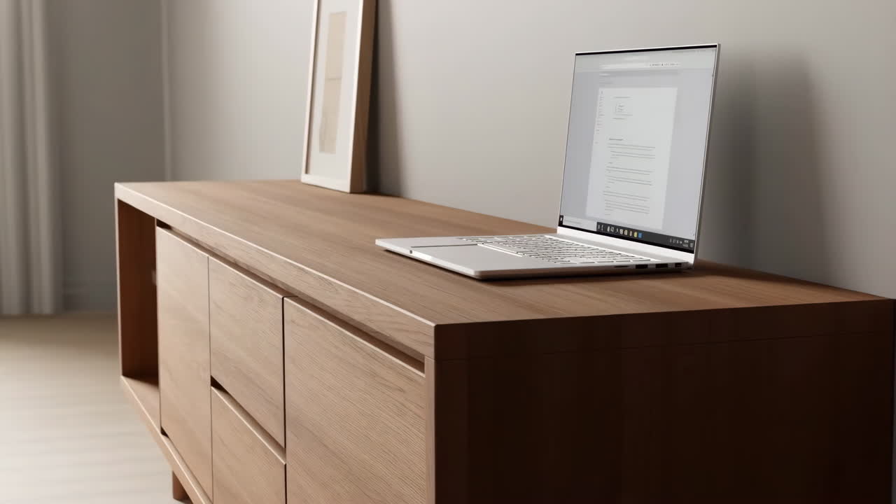 Laptop on a Modern Wooden Credenza
