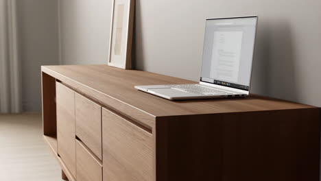 laptop on a modern wooden credenza