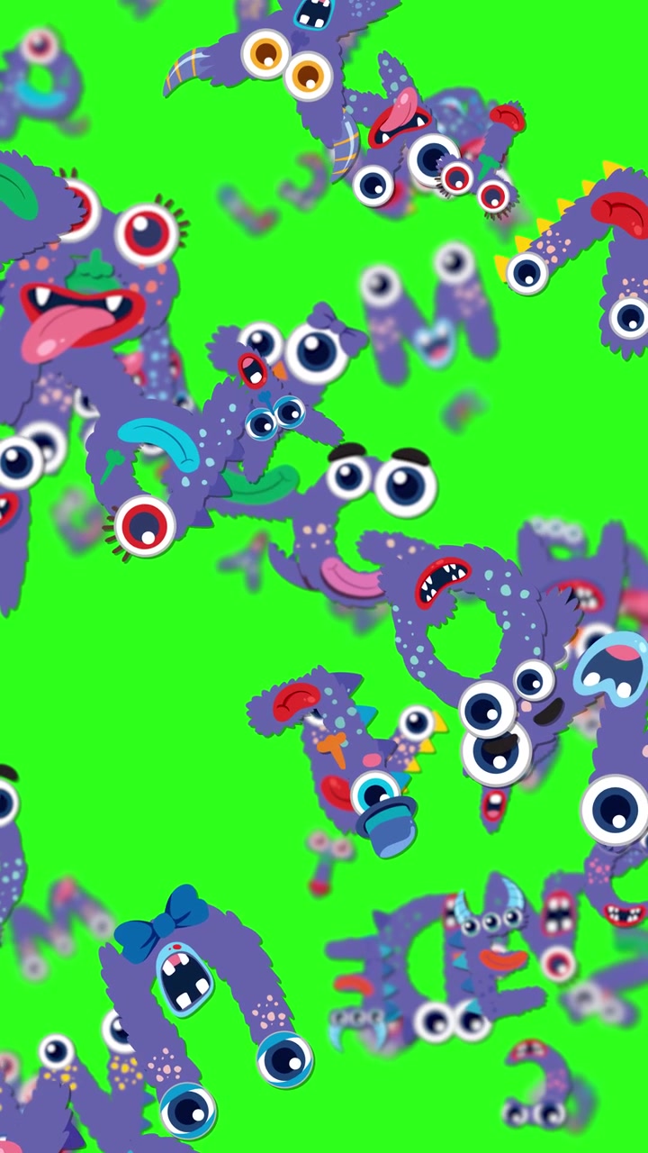 Colorful fluffy creatures animate playfully against a bright green backdrop, creating a lively and whimsical visual experience