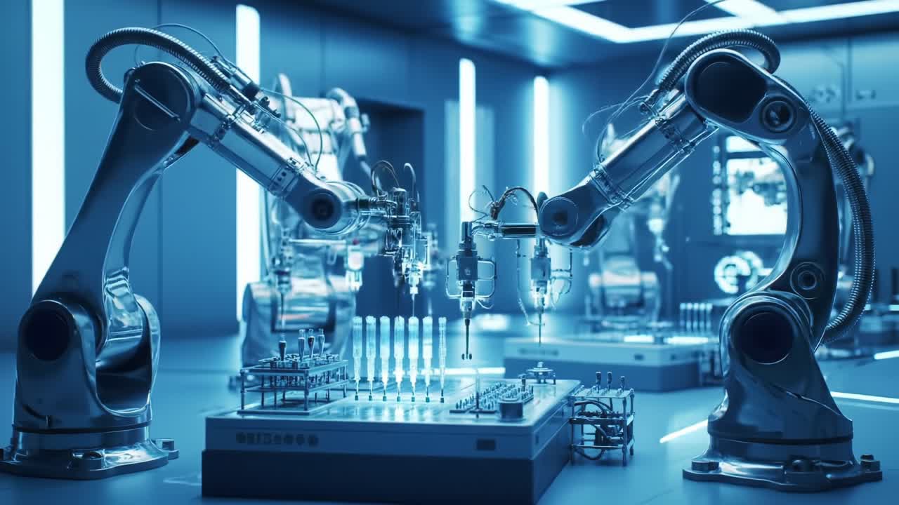 Sleek Robotic Arms Collaborating in a High-Tech Laboratory Environment, Performing Precise Tasks with Advanced Machinery and Illuminated Background