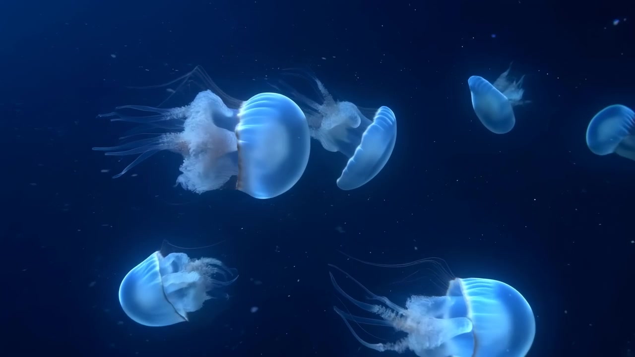 暗い海を漂う青いクラゲ。半透明の傘とたなびく触手のクローズアップシーン、ゆっくりとした動き。