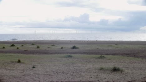 el parque eólico del mar del norte en el reino unido se puede ver en el mar desde la playa en la capilla de st leonards en la costa este cerca de skegness