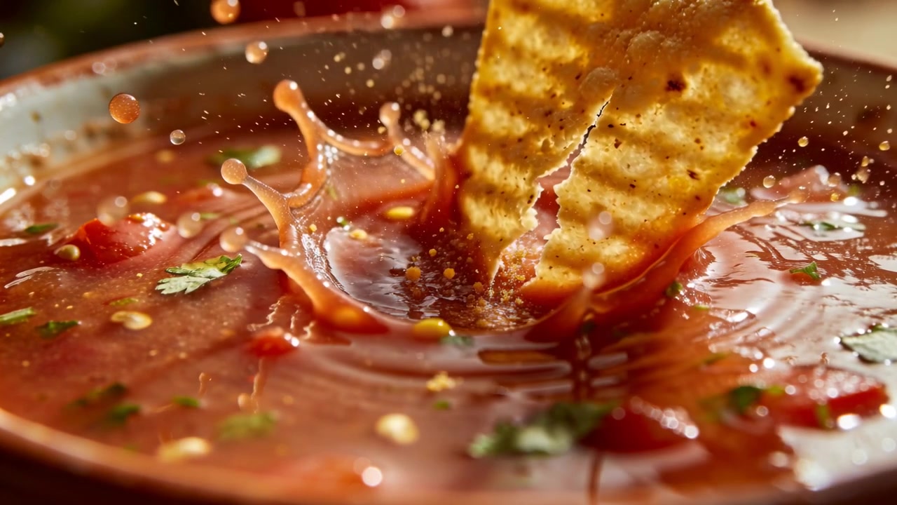 Un chip di tortilla scanalato che crea uno schizzo a corona nella salsa di una ciotola di ceramica, raccogliendo pezzetti di pomodoro.