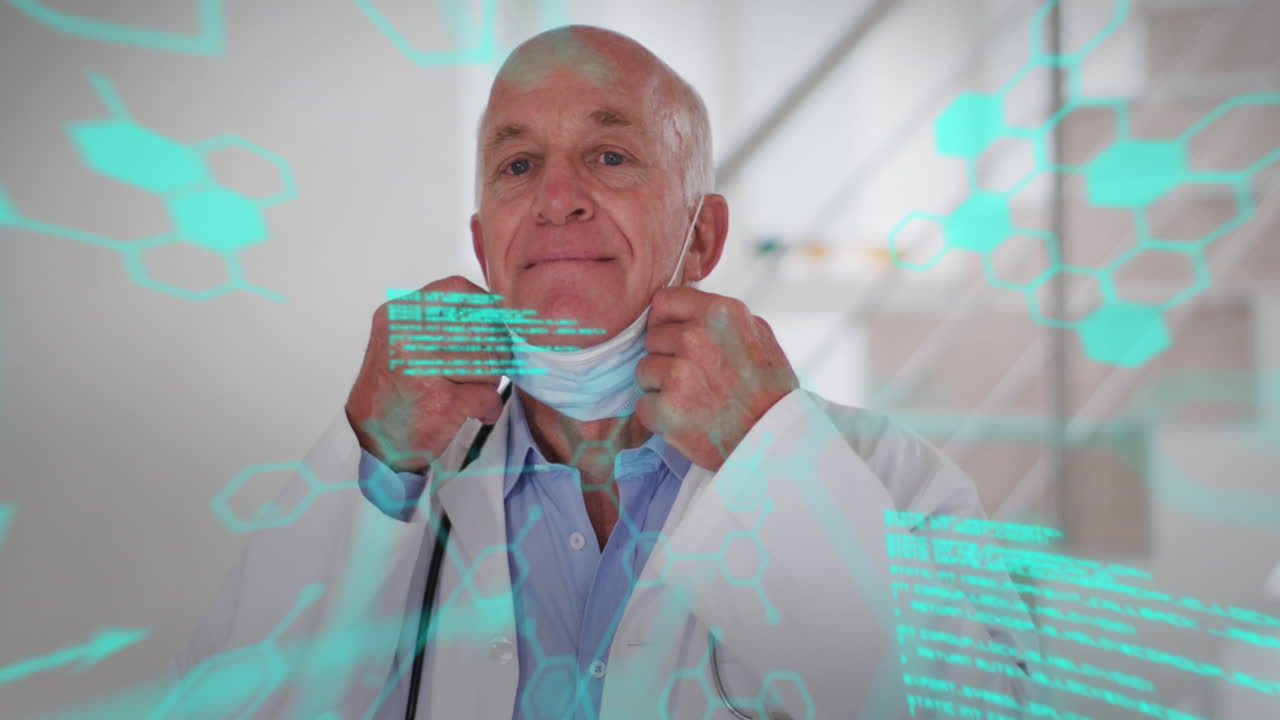 Animazione di elaborazione dati su un medico uomo caucasico anziano