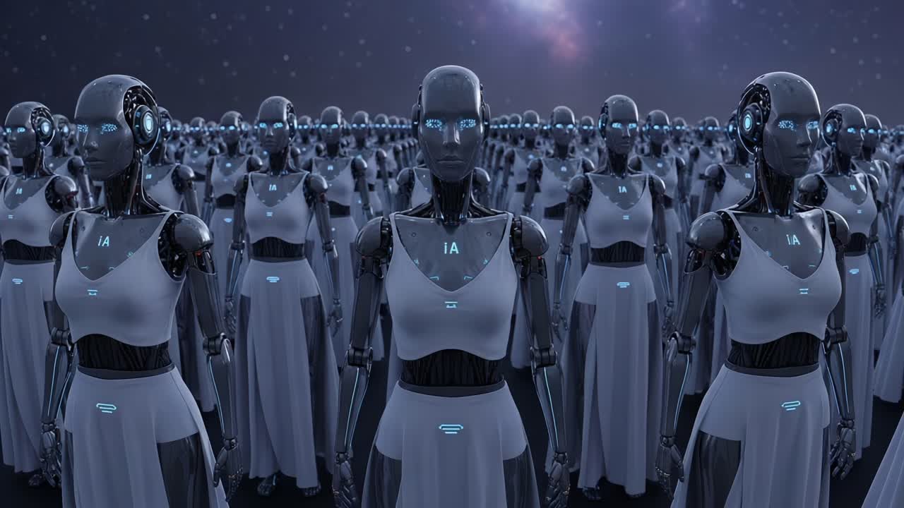 A Converging Army of Advanced Androids with Luminous Features and Sleek Design, Representing the Future of Artificial Intelligence in a Cosmic Setting