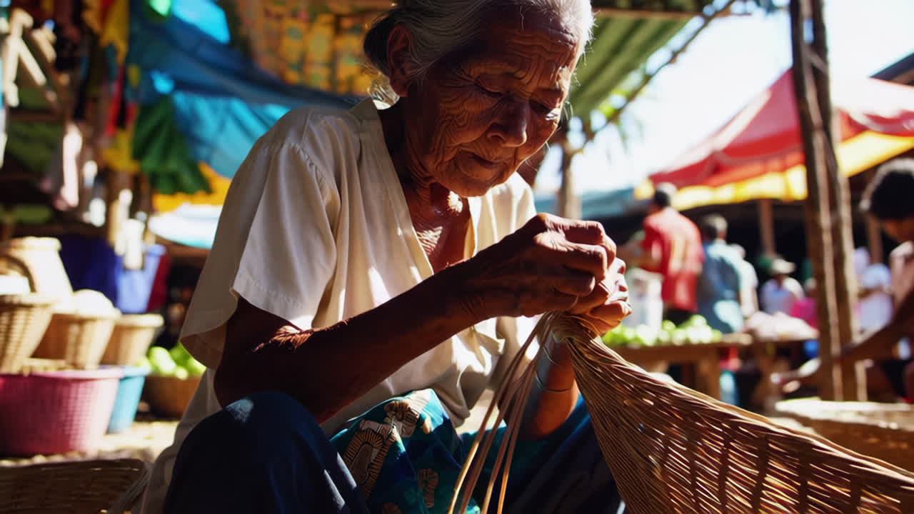 Elderly Woman Weaving Baskets in a Market
