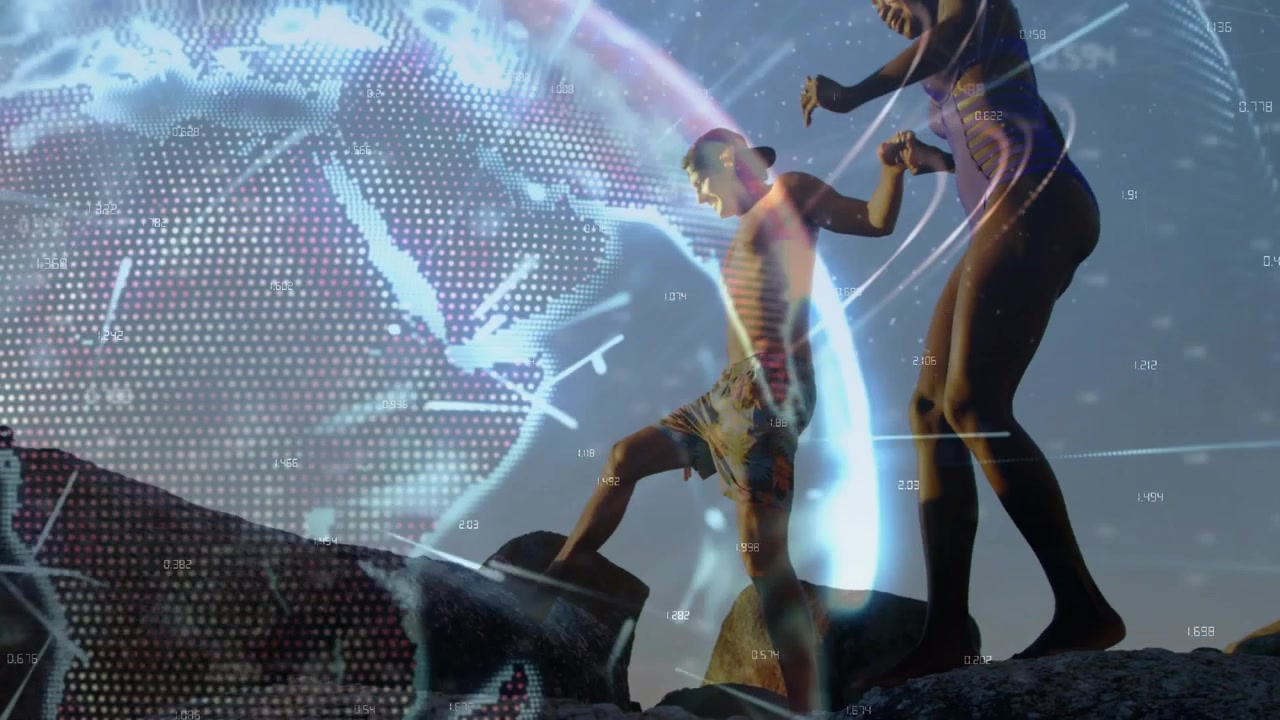 Man stepping down rocks, woman holding hand guiding descent, globe overlay sweeping left for tech