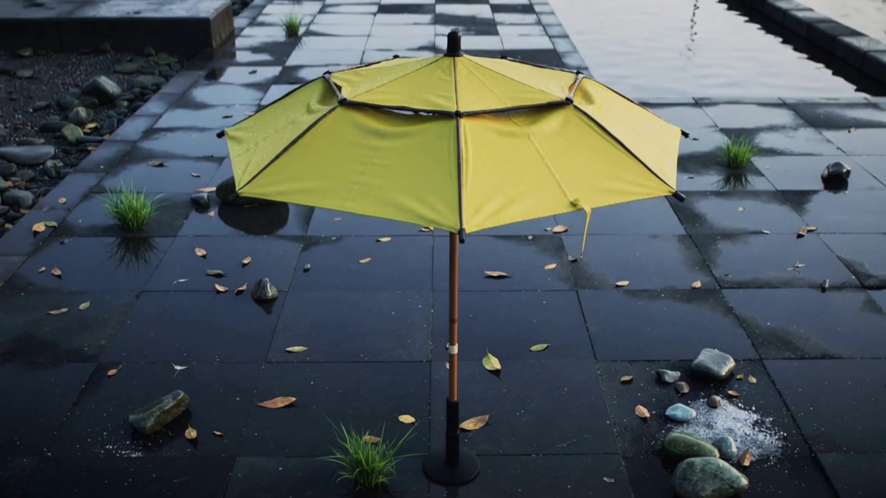 La telecamera si allontana, rivelando un ombrellone giallo da patio centrato nel giardino per mostrare pozzanghere e pietre.