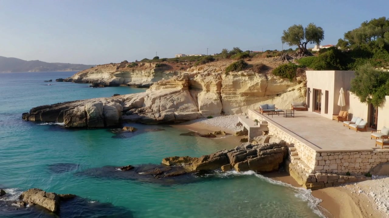 Drone che si alza e si sposta, rivelando una villa sul mare in stucco con lettino, inquadrando il muretto sul mare, spazio per il testo