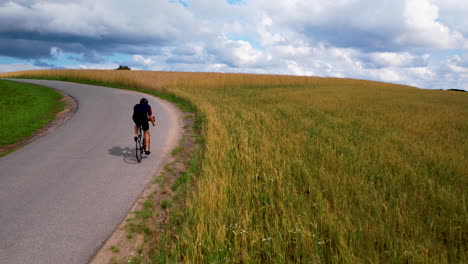 one fit cyclist man riding bicycle uphill on winding asphalt country road by agricultural ripe field on summer cloudy day - rear view tracking