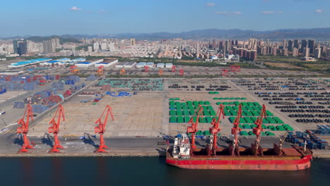 top view container ship import export logistic global transportation business commercial port in deep sea load and unloading cargo by crane for distributing goods
