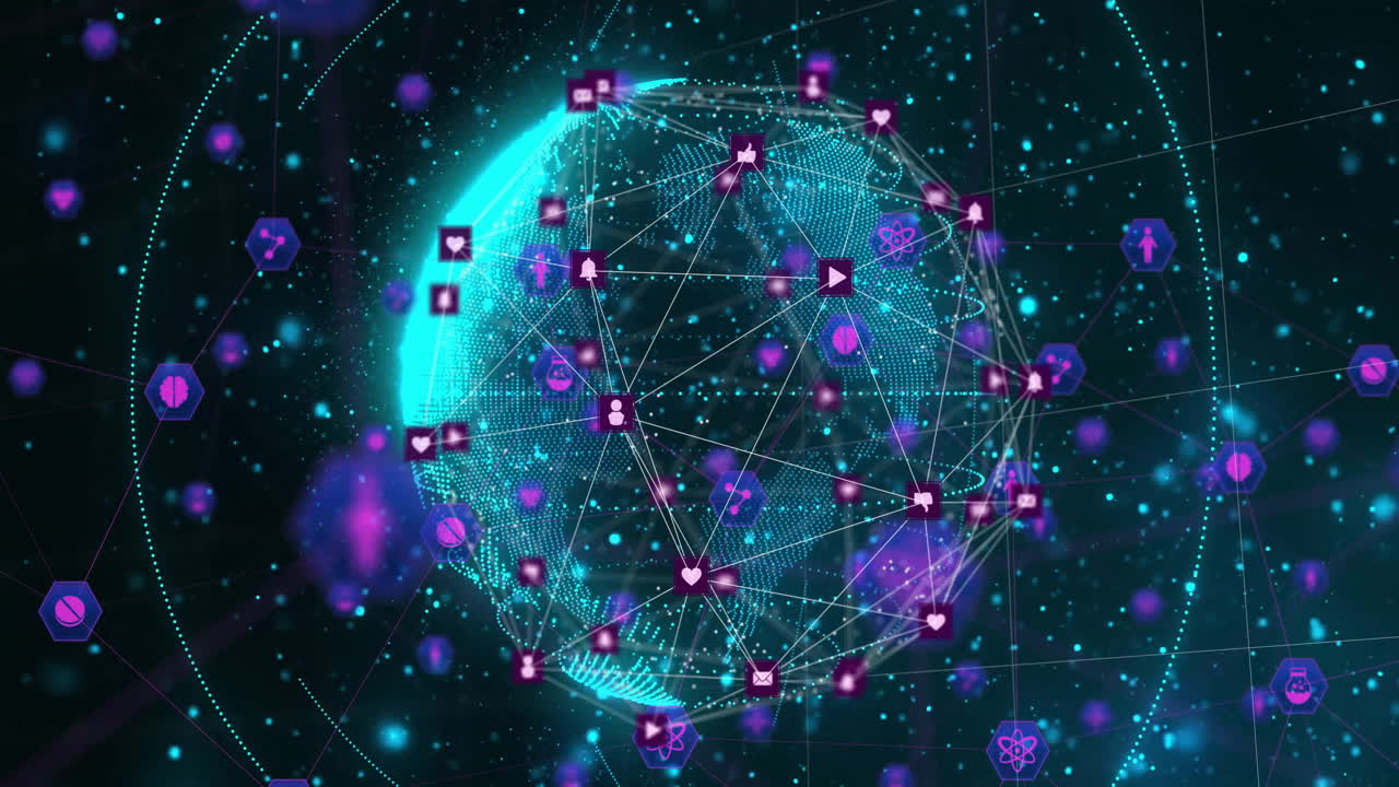 Interconnected icons glowing over globe in digital network animation design