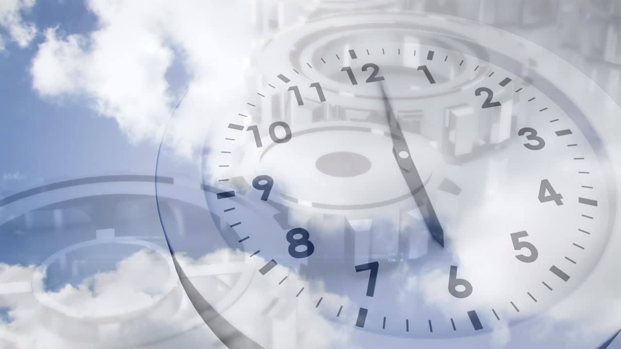 時計の機構と雲の上を時計が動くアニメーション。