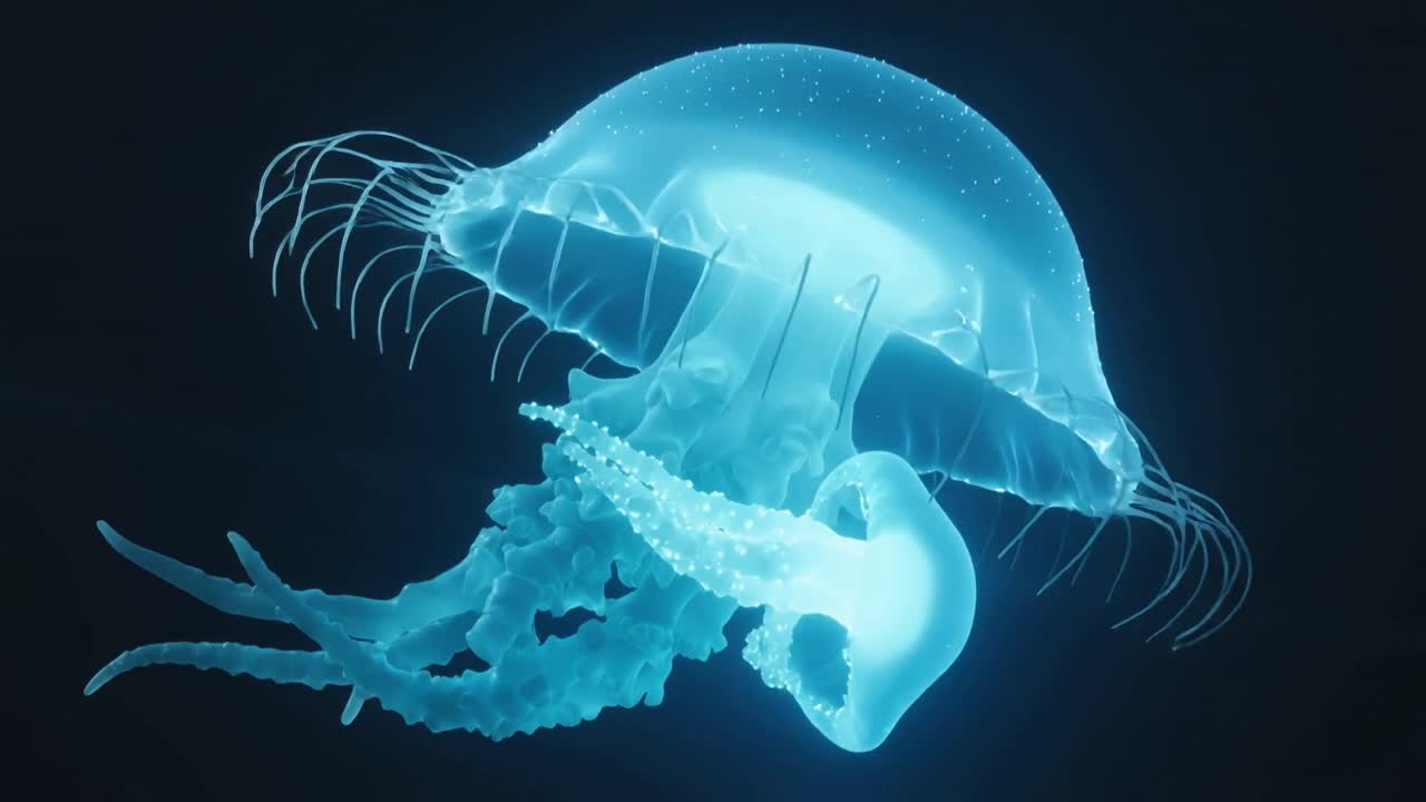 Medusa che scivola e ruota in acque profonde e scure, mostrando campana, tentacoli, braccia orali, sacca, particelle.