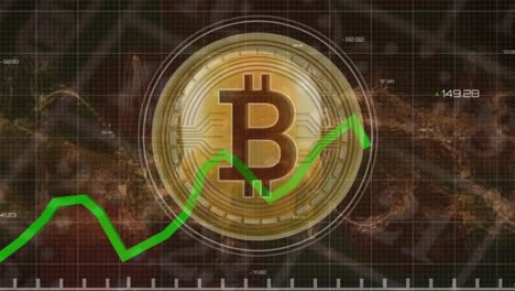 animación de cráneo y bitcoin sobre el procesamiento de datos en fondo negro