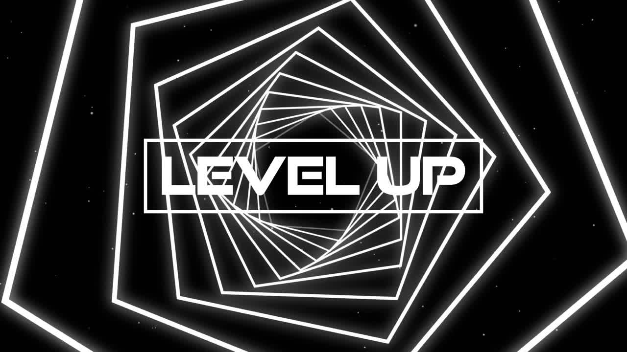 Glitch effect over level up text against hexagons spinning in seamless motion on black background