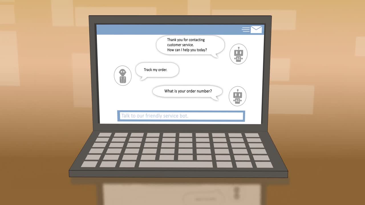 animación de portátil con chat en línea sobre formas en fondo marrón