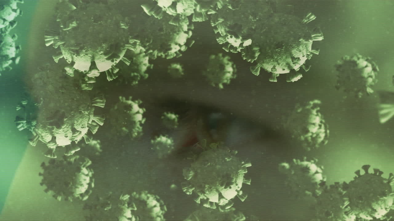 인간의 머리 위를 날아다니는 코로나19 세포의 애니메이션