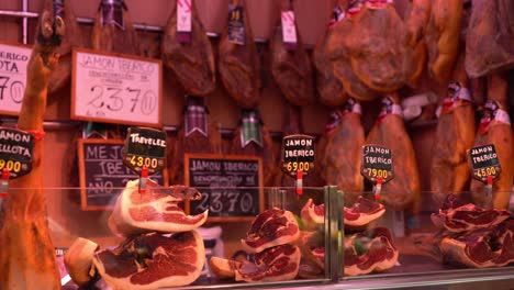 Dry-cruded-ham-know-as-prosciutto-with-price-tag-in-local-traditional-stand-market